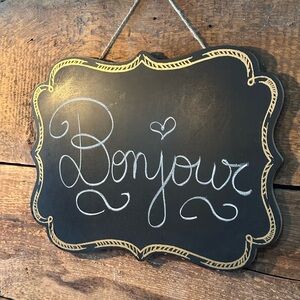 Bonjour Chalkboard Hanging Sign - Black with Gold Trim